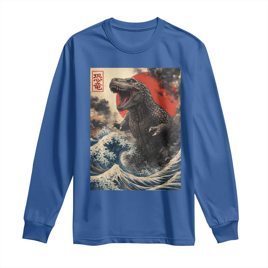 Japanese Dinosaur Long Sleeve Shirt Vintage Great Wave Monster Epic Giant Monster Ukiyo-e Style TS10 Royal Blue Print Your Wear