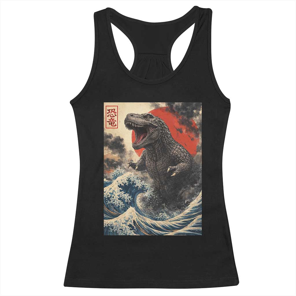 Japanese Dinosaur Racerback Tank Top Vintage Great Wave Monster Epic Giant Monster Ukiyo-e Style TS10 Black Print Your Wear