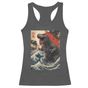 Japanese Dinosaur Racerback Tank Top Vintage Great Wave Monster Epic Giant Monster Ukiyo-e Style TS10 Dark Heather Print Your Wear