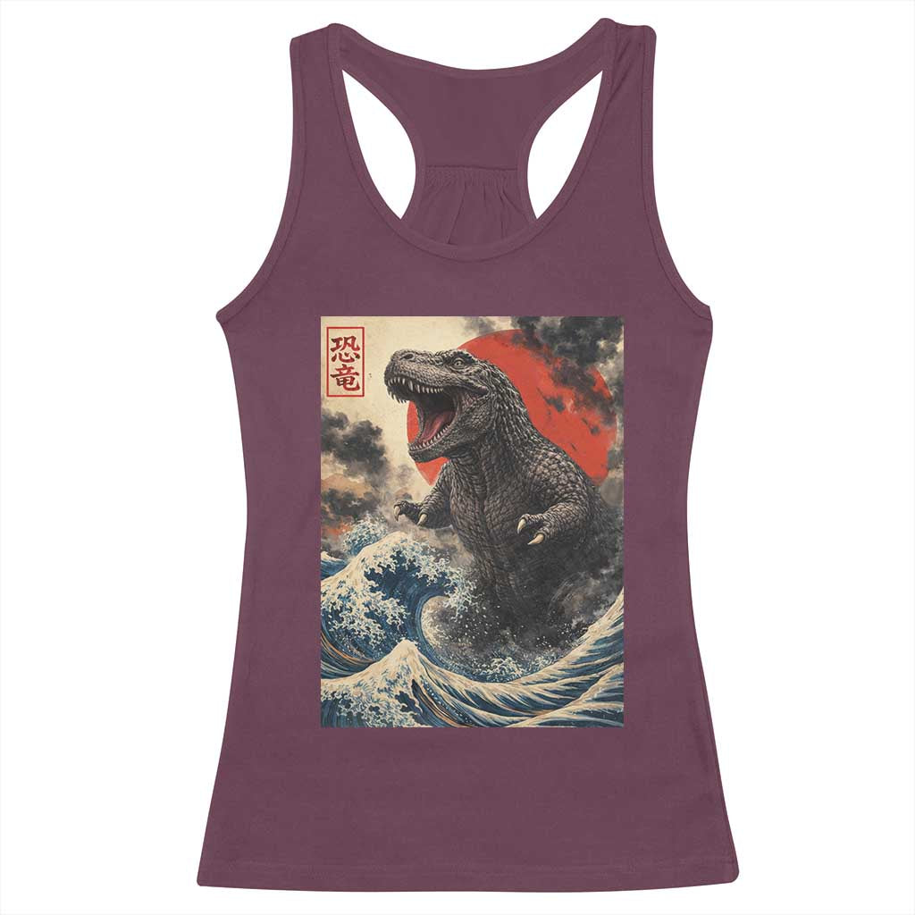 Japanese Dinosaur Racerback Tank Top Vintage Great Wave Monster Epic Giant Monster Ukiyo-e Style TS10 Maroon Print Your Wear