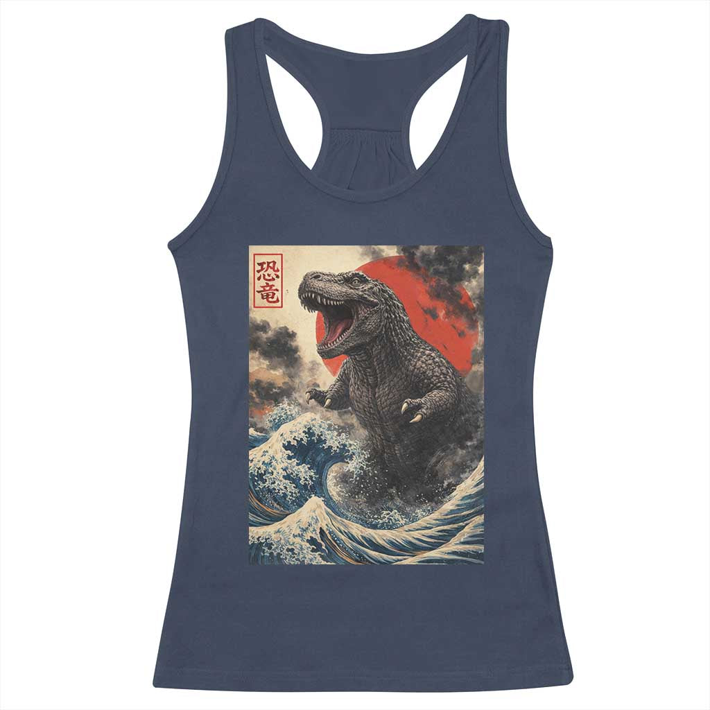 Japanese Dinosaur Racerback Tank Top Vintage Great Wave Monster Epic Giant Monster Ukiyo-e Style TS10 Navy Print Your Wear