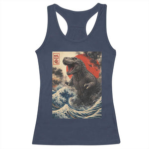 Japanese Dinosaur Racerback Tank Top Vintage Great Wave Monster Epic Giant Monster Ukiyo-e Style TS10 Navy Print Your Wear