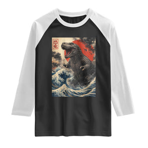 Japanese Dinosaur Raglan Shirt Vintage Great Wave Monster Epic Giant Monster Ukiyo-e Style TS10 Black White Print Your Wear