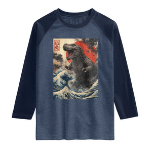 Japanese Dinosaur Raglan Shirt Vintage Great Wave Monster Epic Giant Monster Ukiyo-e Style TS10 Heather Denim Navy Print Your Wear