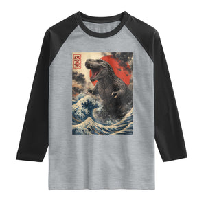 Japanese Dinosaur Raglan Shirt Vintage Great Wave Monster Epic Giant Monster Ukiyo-e Style TS10 Heather Gray Black Print Your Wear
