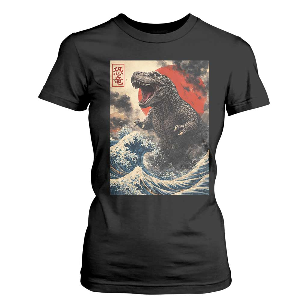Japanese Dinosaur T Shirt For Women Vintage Great Wave Monster Epic Giant Monster Ukiyo-e Style TS10 Black Print Your Wear