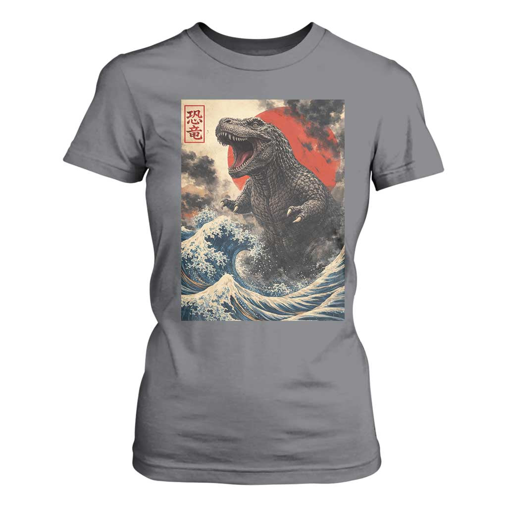 Japanese Dinosaur T Shirt For Women Vintage Great Wave Monster Epic Giant Monster Ukiyo-e Style TS10 Charcoal Print Your Wear