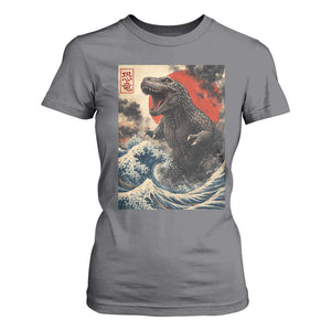 Japanese Dinosaur T Shirt For Women Vintage Great Wave Monster Epic Giant Monster Ukiyo-e Style TS10 Charcoal Print Your Wear