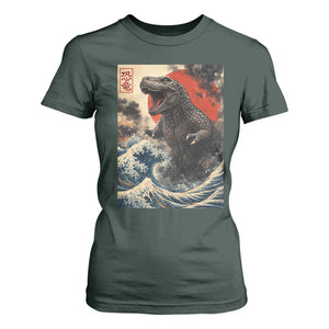 Japanese Dinosaur T Shirt For Women Vintage Great Wave Monster Epic Giant Monster Ukiyo-e Style TS10 Dark Forest Green Print Your Wear