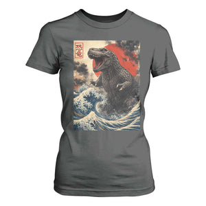 Japanese Dinosaur T Shirt For Women Vintage Great Wave Monster Epic Giant Monster Ukiyo-e Style TS10 Dark Heather Print Your Wear