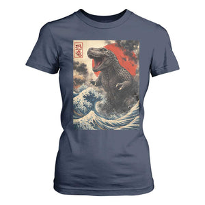 Japanese Dinosaur T Shirt For Women Vintage Great Wave Monster Epic Giant Monster Ukiyo-e Style TS10 Navy Print Your Wear