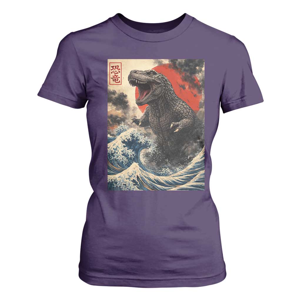 Japanese Dinosaur T Shirt For Women Vintage Great Wave Monster Epic Giant Monster Ukiyo-e Style TS10 Purple Print Your Wear