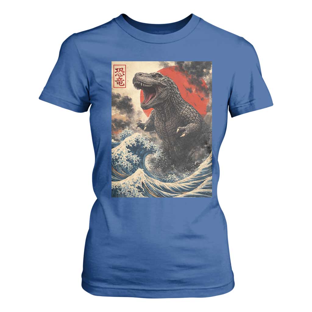 Japanese Dinosaur T Shirt For Women Vintage Great Wave Monster Epic Giant Monster Ukiyo-e Style TS10 Royal Blue Print Your Wear
