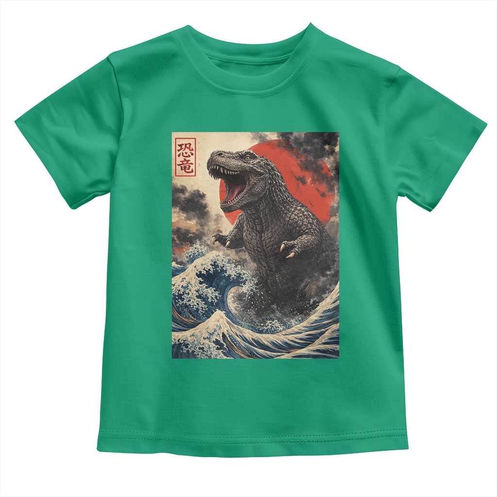 Japanese Dinosaur Toddler T Shirt Vintage Great Wave Monster Epic Giant Monster Ukiyo-e Style TS10 Irish Green Print Your Wear