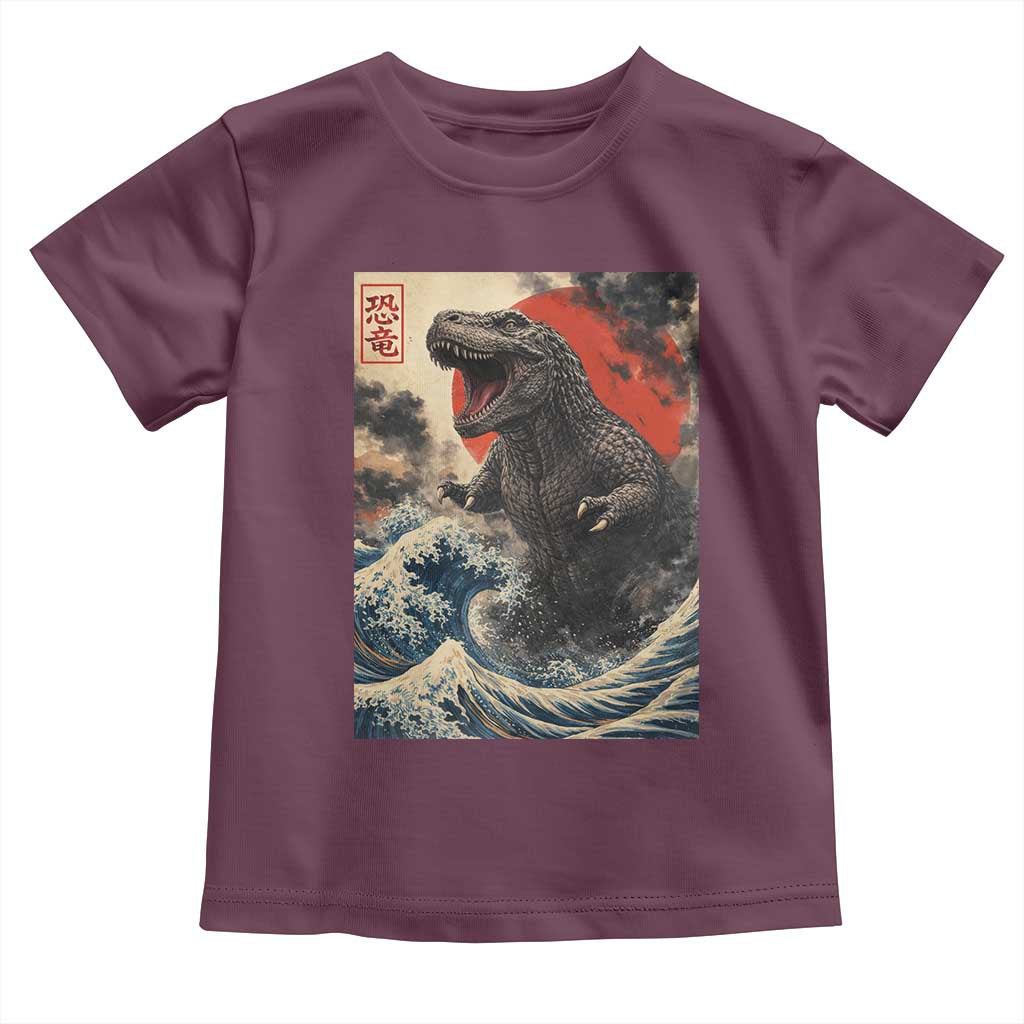 Japanese Dinosaur Toddler T Shirt Vintage Great Wave Monster Epic Giant Monster Ukiyo-e Style TS10 Maroon Print Your Wear