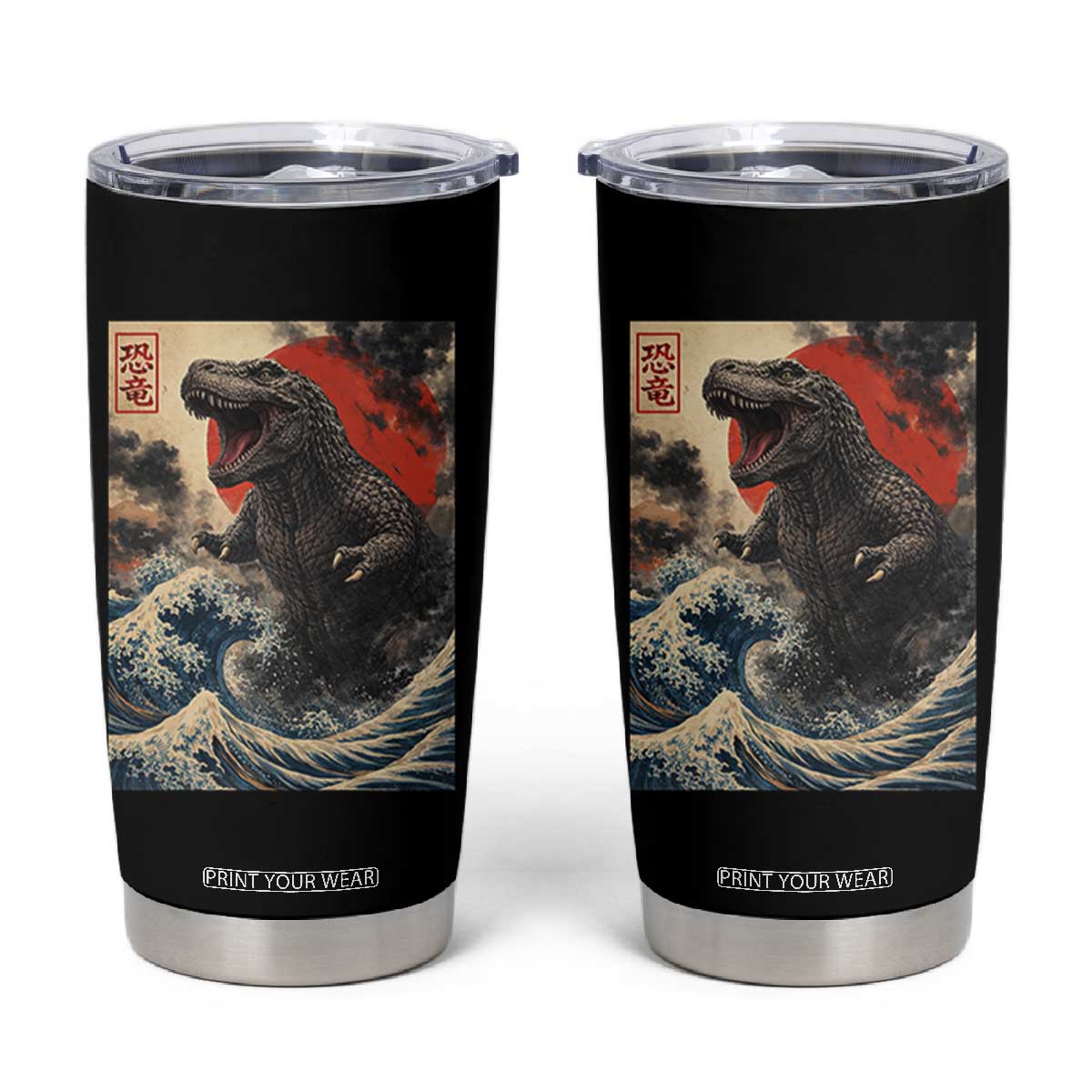 Japanese Dinosaur Tumbler Cup Vintage Great Wave Monster Epic Giant Monster Ukiyo-e Style TS10 Black Print Your Wear