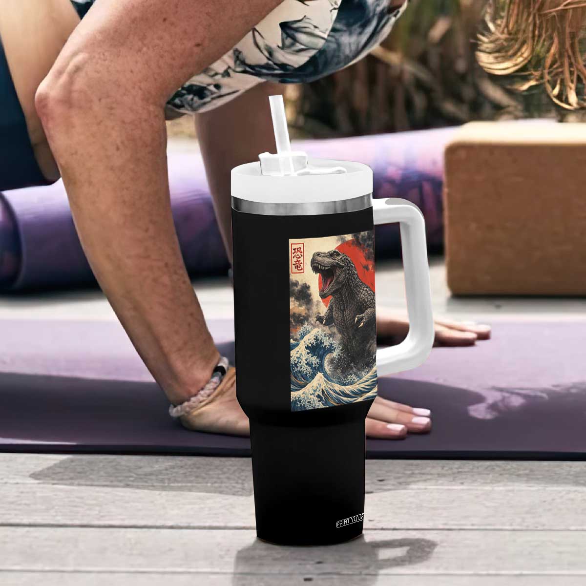 Japanese Dinosaur Tumbler With Handle Vintage Great Wave Monster Epic Giant Monster Ukiyo-e Style TS10 Print Your Wear