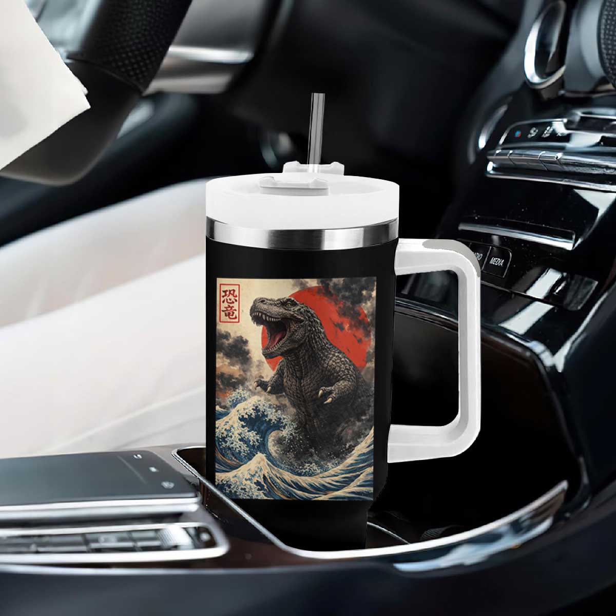 Japanese Dinosaur Tumbler With Handle Vintage Great Wave Monster Epic Giant Monster Ukiyo-e Style TS10 Print Your Wear