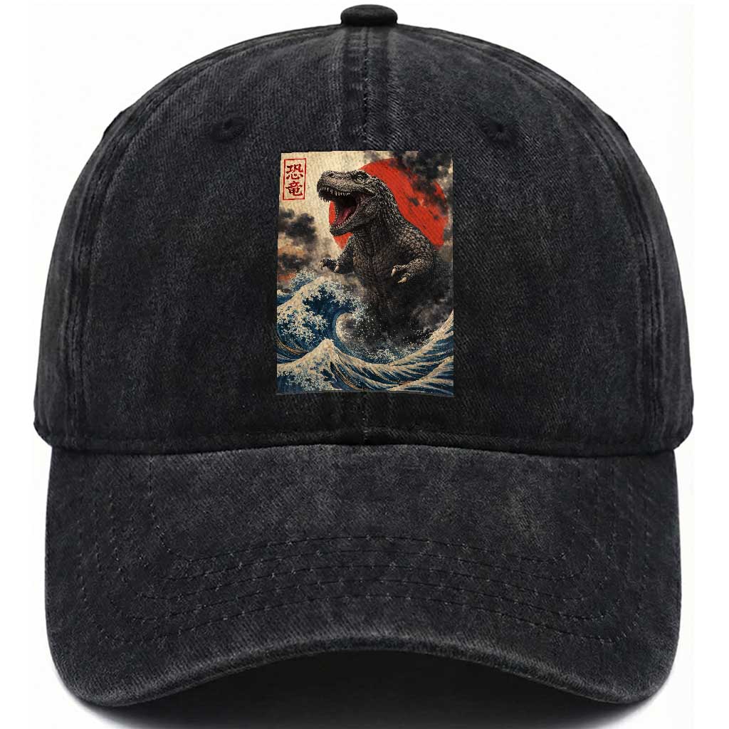 Japanese Dinosaur Washed Cotton Baseball Cap Vintage Great Wave Monster Epic Giant Monster Ukiyo-e Style TS10 Print Your Wear