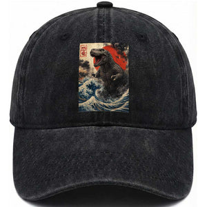Japanese Dinosaur Washed Cotton Baseball Cap Vintage Great Wave Monster Epic Giant Monster Ukiyo-e Style TS10 Print Your Wear
