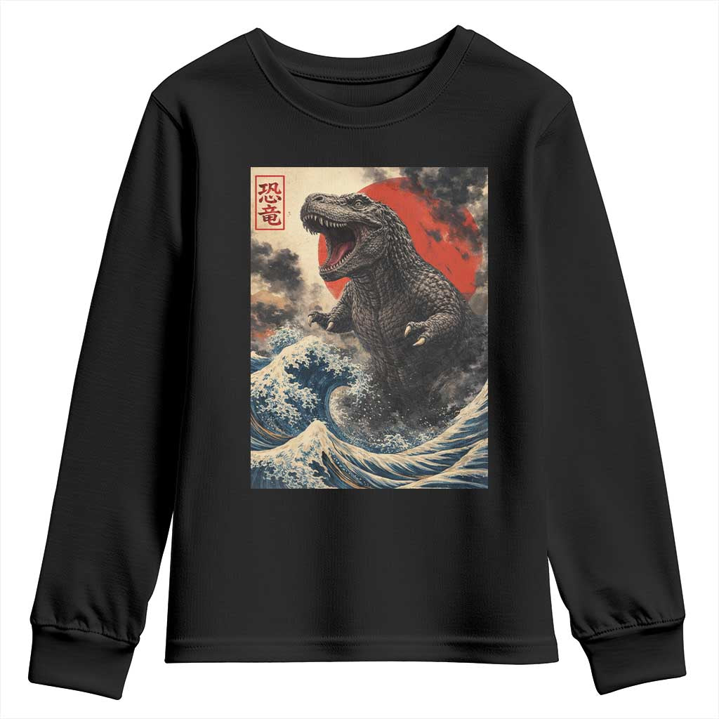 Japanese Dinosaur Youth Sweatshirt Vintage Great Wave Monster Epic Giant Monster Ukiyo-e Style TS10 Black Print Your Wear