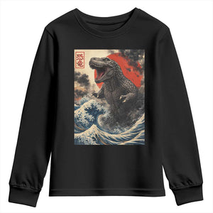 Japanese Dinosaur Youth Sweatshirt Vintage Great Wave Monster Epic Giant Monster Ukiyo-e Style TS10 Black Print Your Wear