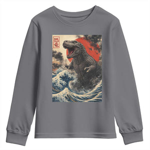 Japanese Dinosaur Youth Sweatshirt Vintage Great Wave Monster Epic Giant Monster Ukiyo-e Style TS10 Charcoal Print Your Wear