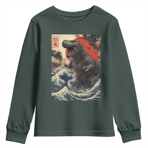 Japanese Dinosaur Youth Sweatshirt Vintage Great Wave Monster Epic Giant Monster Ukiyo-e Style TS10 Dark Forest Green Print Your Wear