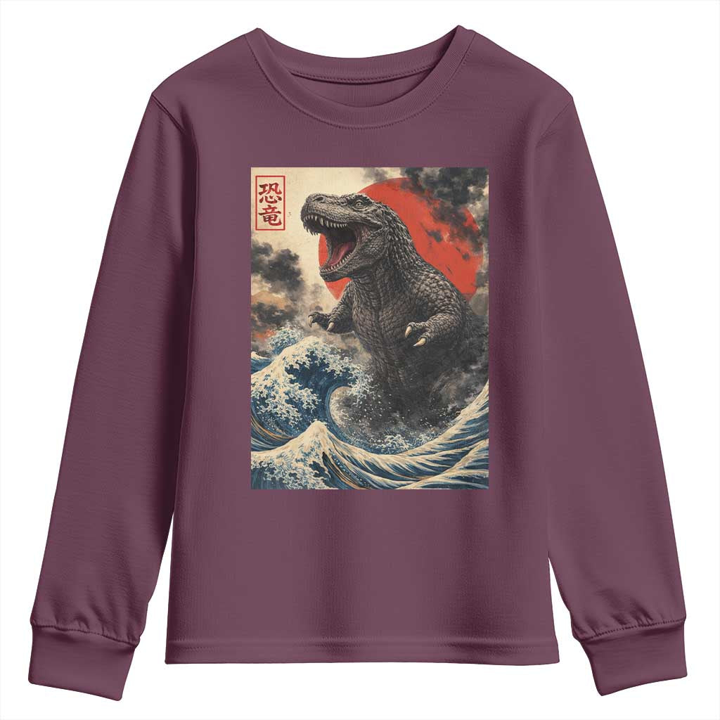 Japanese Dinosaur Youth Sweatshirt Vintage Great Wave Monster Epic Giant Monster Ukiyo-e Style TS10 Maroon Print Your Wear