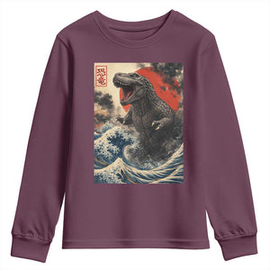 Japanese Dinosaur Youth Sweatshirt Vintage Great Wave Monster Epic Giant Monster Ukiyo-e Style TS10 Maroon Print Your Wear