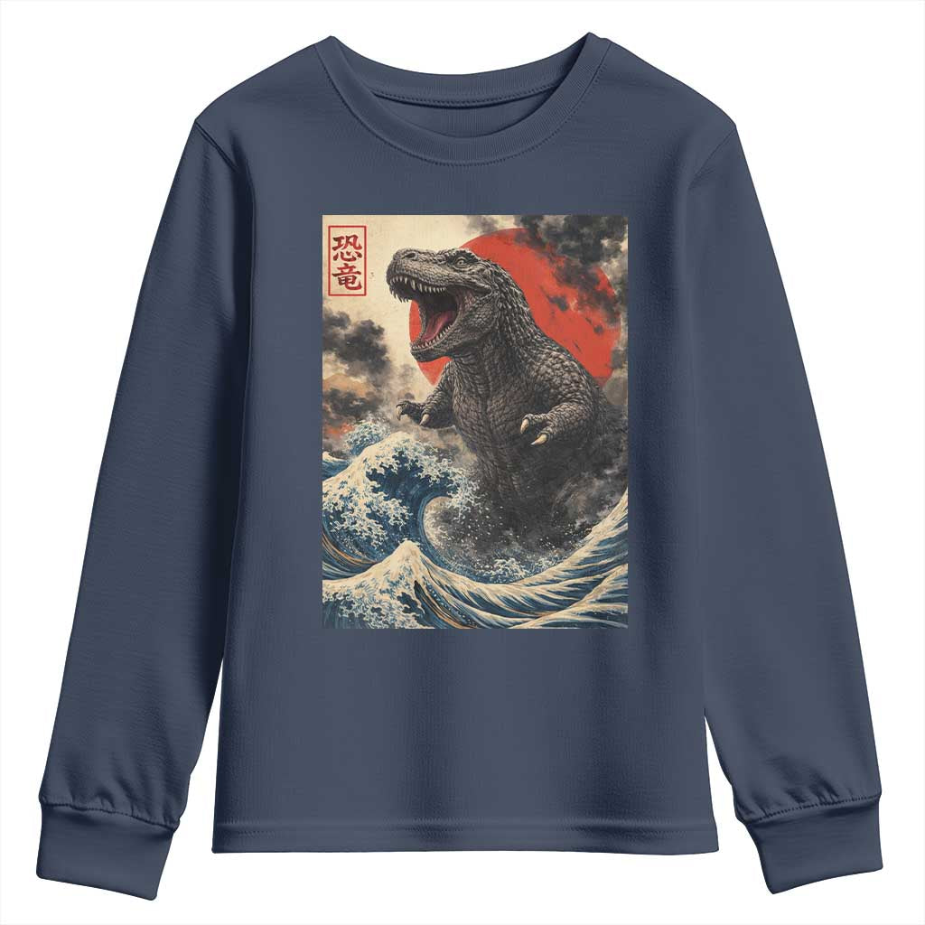 Japanese Dinosaur Youth Sweatshirt Vintage Great Wave Monster Epic Giant Monster Ukiyo-e Style TS10 Navy Print Your Wear