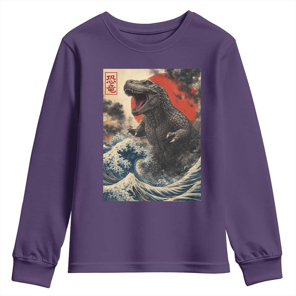 Japanese Dinosaur Youth Sweatshirt Vintage Great Wave Monster Epic Giant Monster Ukiyo-e Style TS10 Purple Print Your Wear