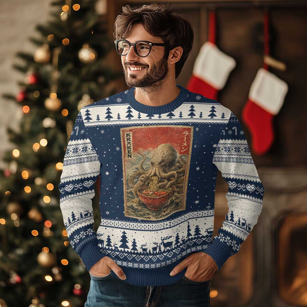 Sea Monster Eating Ramen Ugly Christmas Sweater Vintage Graphic Japanese Lover Ukiyo-e Art TS10 Navy Beige Print Your Wear
