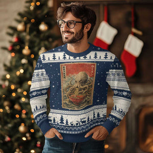 Sea Monster Eating Ramen Ugly Christmas Sweater Vintage Graphic Japanese Lover Ukiyo-e Art TS10 Navy Beige Print Your Wear