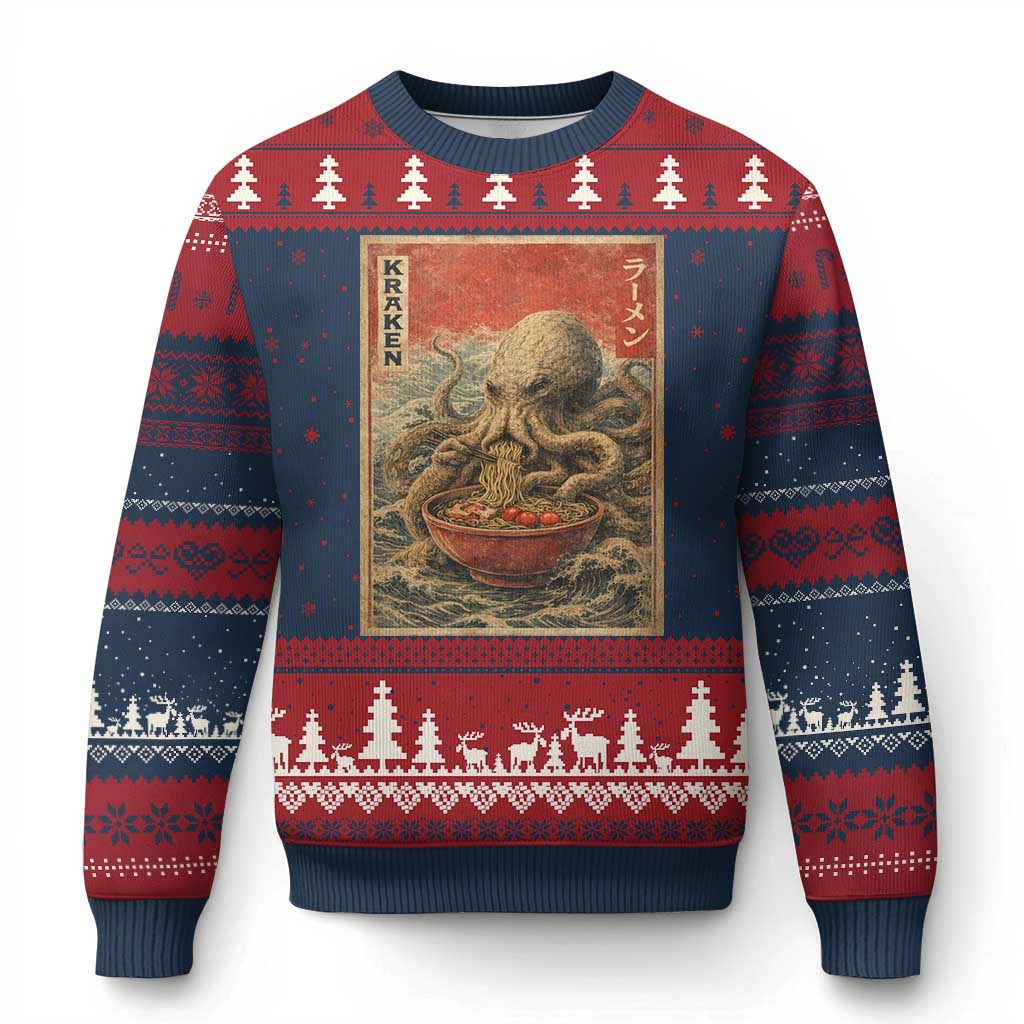 Sea Monster Eating Ramen Ugly Christmas Sweater Vintage Graphic Japanese Lover Ukiyo-e Art TS10 Navy Red Print Your Wear