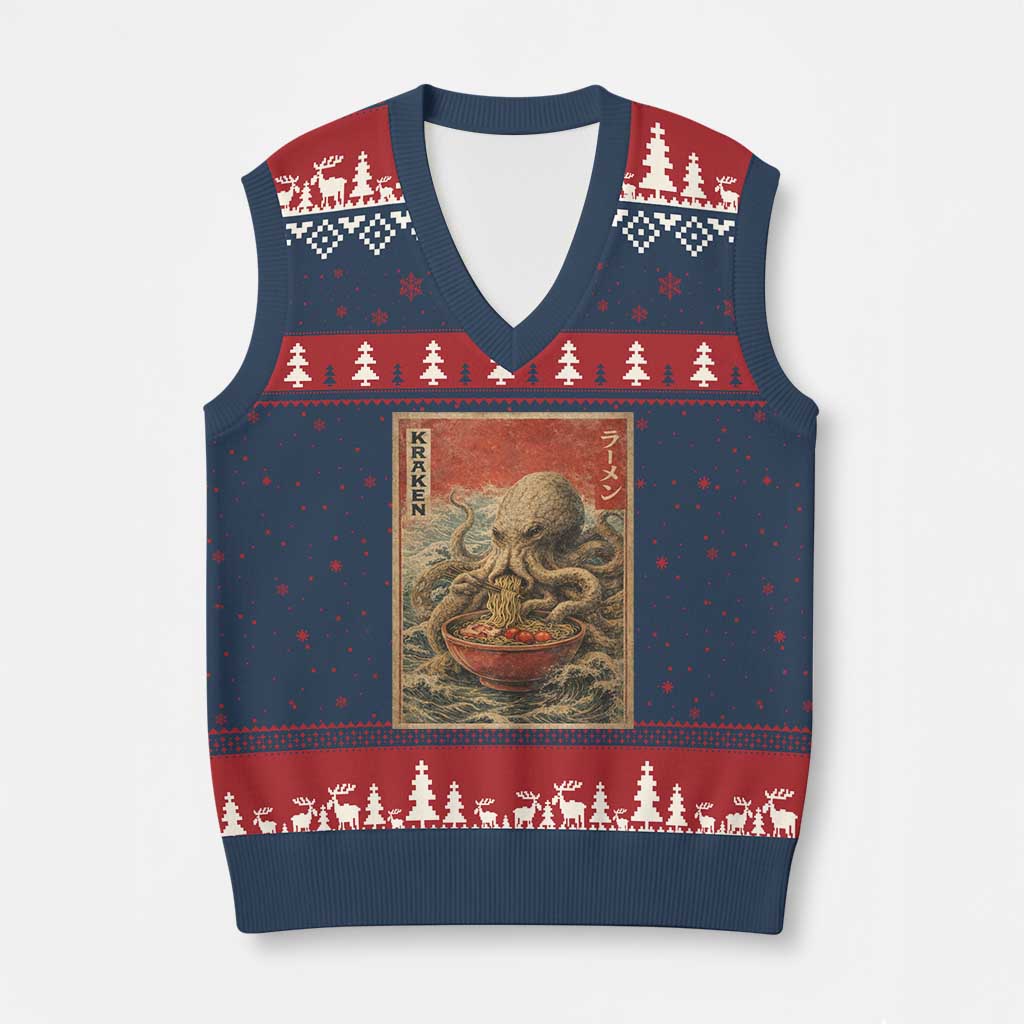 Sea Monster Eating Ramen V-Neck Knit Sweater Vest Vintage Graphic Japanese Lover Ukiyo-e Art TS10 Navy Red Print Your Wear