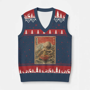 Sea Monster Eating Ramen V-Neck Knit Sweater Vest Vintage Graphic Japanese Lover Ukiyo-e Art TS10 Navy Red Print Your Wear
