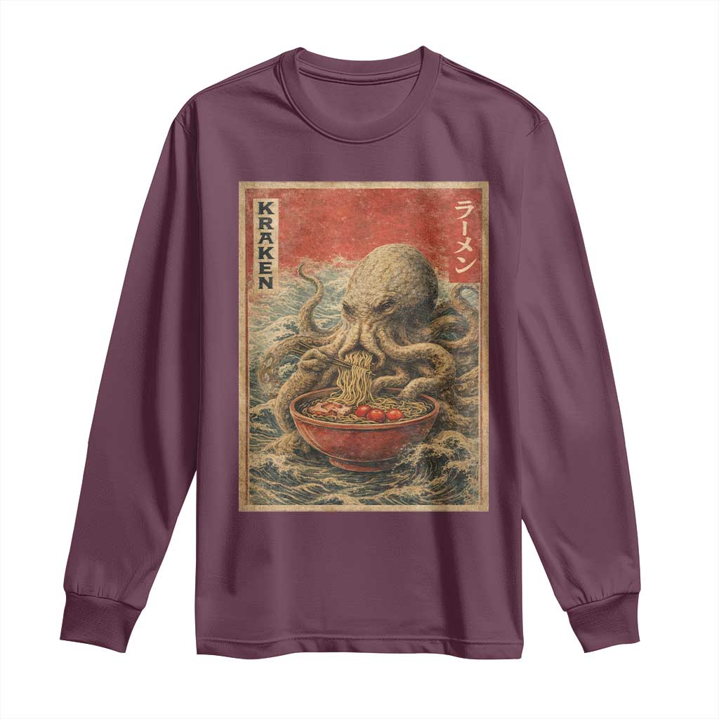 Sea Monster Eating Ramen Long Sleeve Shirt Vintage Graphic Japanese Lover Ukiyo-e Art TS10 Maroon Print Your Wear