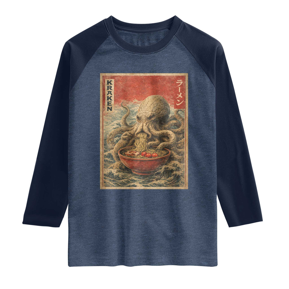 Sea Monster Eating Ramen Raglan Shirt Vintage Graphic Japanese Lover Ukiyo-e Art TS10 Heather Denim Navy Print Your Wear