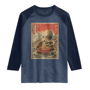 Sea Monster Eating Ramen Raglan Shirt Vintage Graphic Japanese Lover Ukiyo-e Art TS10 Heather Denim Navy Print Your Wear