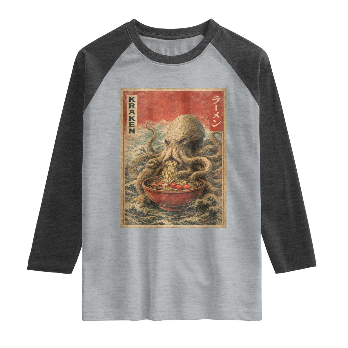Sea Monster Eating Ramen Raglan Shirt Vintage Graphic Japanese Lover Ukiyo-e Art TS10 Heather Gray Heather Charcoal Print Your Wear
