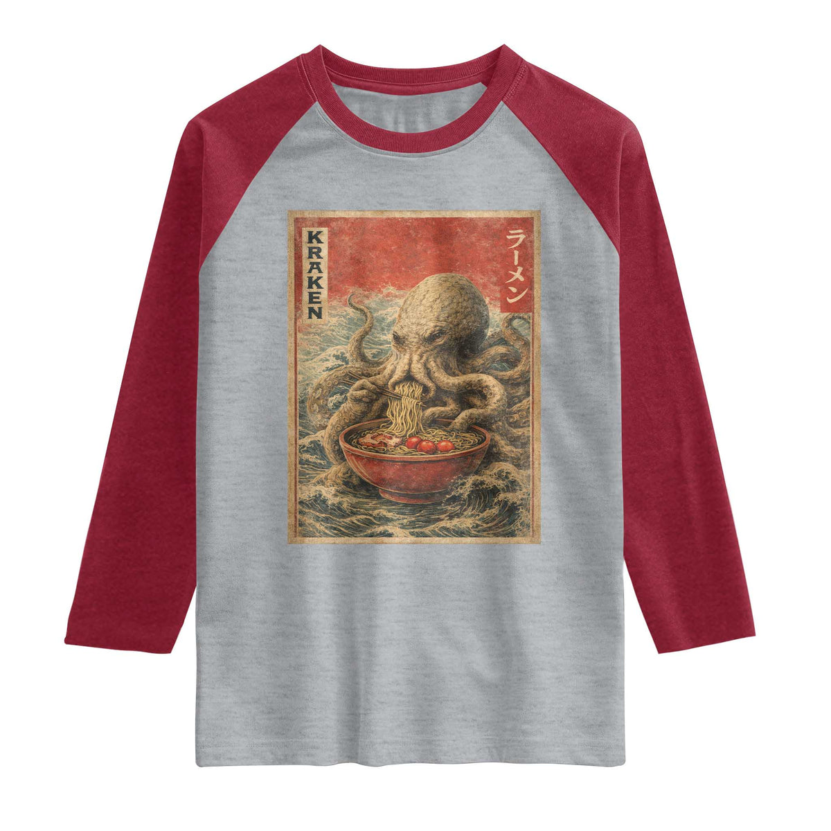 Sea Monster Eating Ramen Raglan Shirt Vintage Graphic Japanese Lover Ukiyo-e Art TS10 Heather Gray Heather Red Print Your Wear