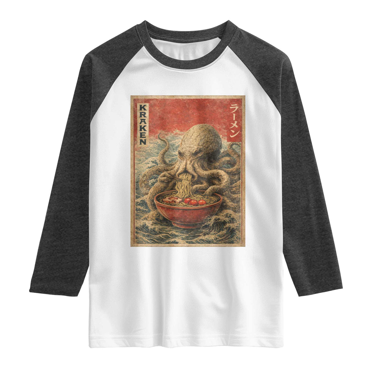 Sea Monster Eating Ramen Raglan Shirt Vintage Graphic Japanese Lover Ukiyo-e Art TS10 White Heather Charcoal Print Your Wear