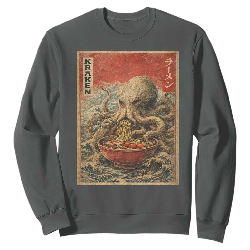 Sea Monster Eating Ramen Sweatshirt Vintage Graphic Japanese Lover Ukiyo-e Art TS10 Dark Heather Print Your Wear