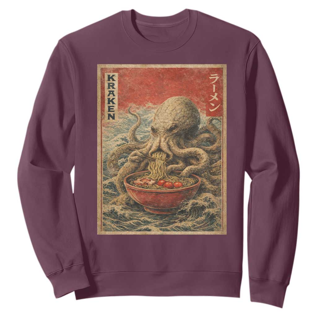 Sea Monster Eating Ramen Sweatshirt Vintage Graphic Japanese Lover Ukiyo-e Art TS10 Maroon Print Your Wear