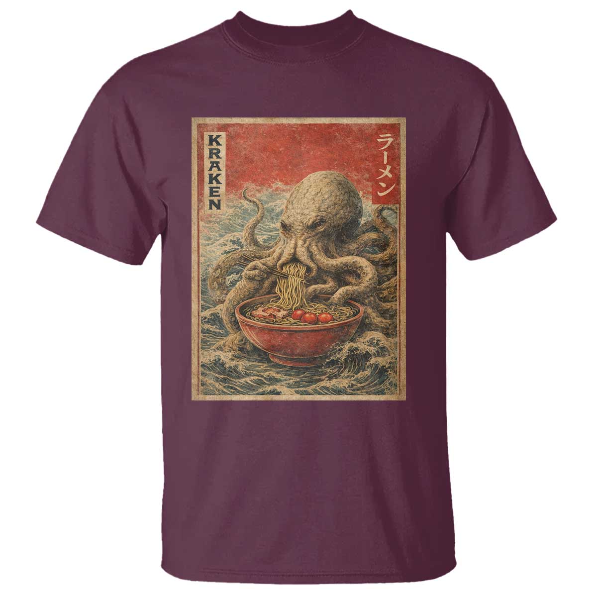 Sea Monster Eating Ramen T Shirt Vintage Graphic Japanese Lover Ukiyo-e Art TS10 Maroon Print Your Wear
