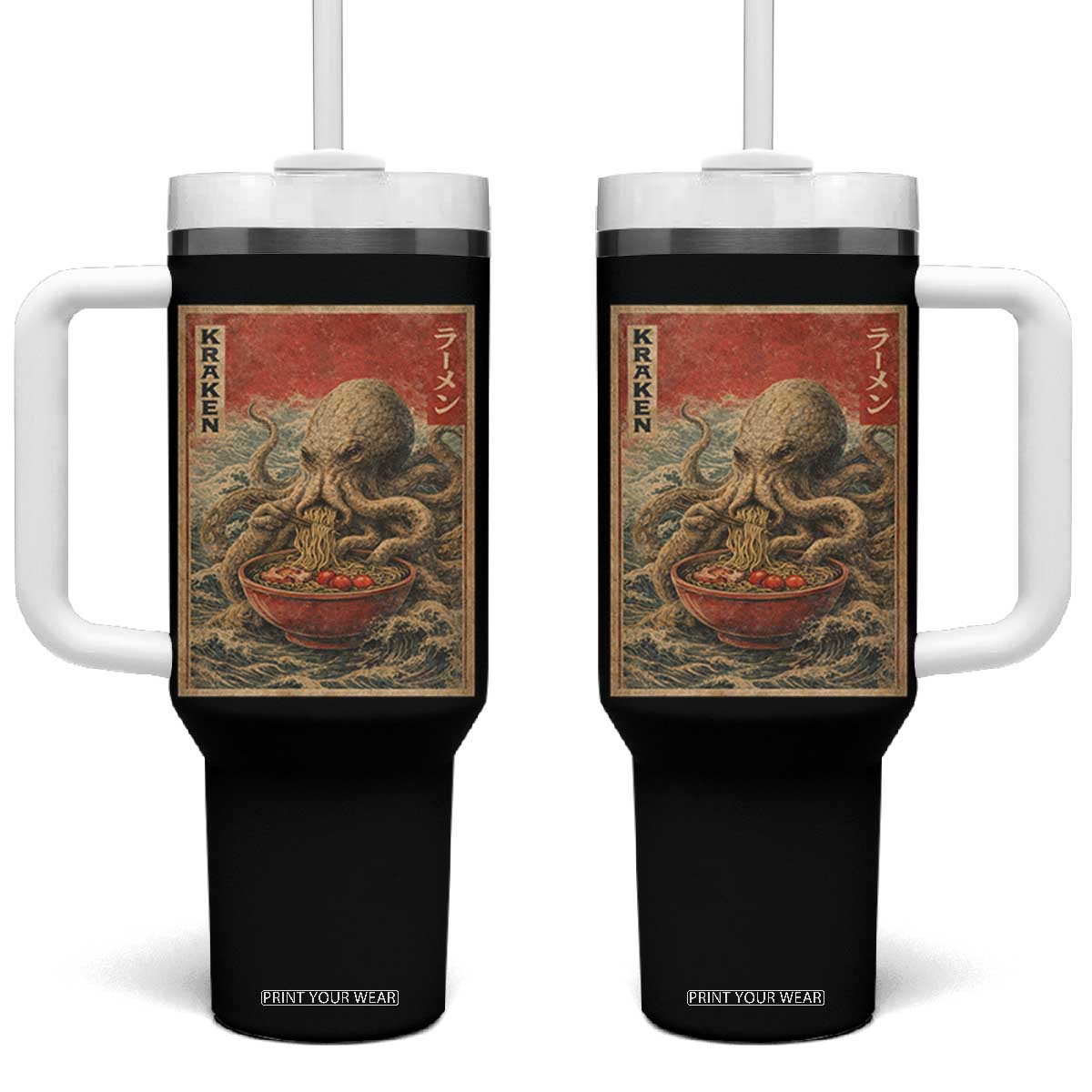 Sea Monster Eating Ramen Tumbler With Handle Vintage Graphic Japanese Lover Ukiyo-e Art TS10 One Size: 40 oz Black Print Your Wear
