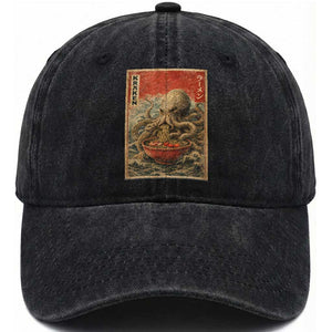 Sea Monster Eating Ramen Washed Cotton Baseball Cap Vintage Graphic Japanese Lover Ukiyo-e Art TS10 Print Your Wear