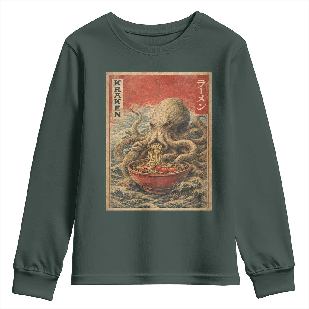 Sea Monster Eating Ramen Youth Sweatshirt Vintage Graphic Japanese Lover Ukiyo-e Art TS10 Dark Forest Green Print Your Wear