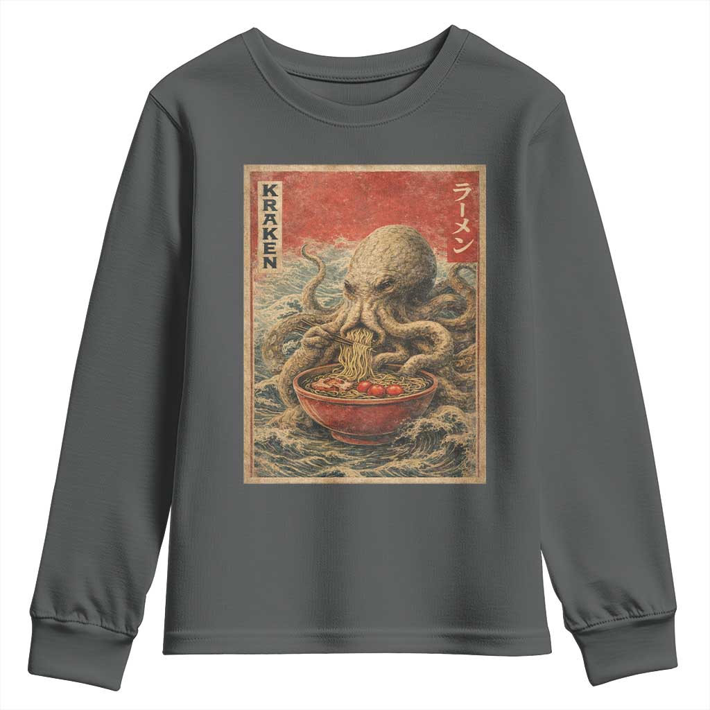 Sea Monster Eating Ramen Youth Sweatshirt Vintage Graphic Japanese Lover Ukiyo-e Art TS10 Dark Heather Print Your Wear